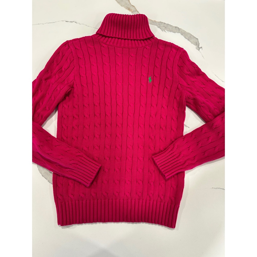 Ralph Lauren Sport Pink Cable Knit Turtleneck Sweater 100% Cotton Pony Logo M